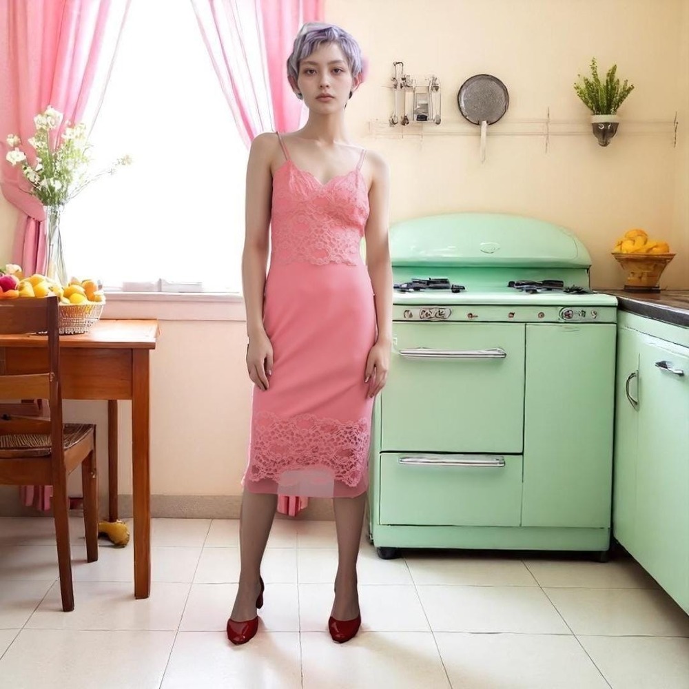 Vintage 1960s Flamingo Pink‎ Lace Slip Dress Small Fairycore Coquette Lingerie